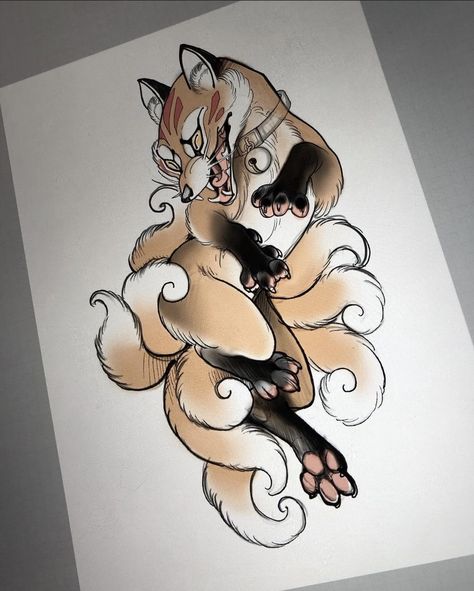 Fox Tattoo Sketch, Fox Tattoo Design, New Template, Kawaii Tattoo, Flash Tattoo Designs, Traditional Japanese Tattoos, Spooky Tattoos, Asian Tattoos, Fox Tattoo