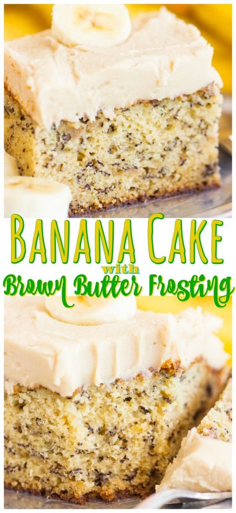 Banana Cake With 2 Bananas, Banana Cake Brown Butter Frosting, Banana Cake With Brown Butter Icing, Bana Cake Recipe, Banana Cake With Icing, Banana Cake Using Cake Mix Recipe, Banana Butter Cake, Banana Cake With Brown Butter Frosting, Banana Bars With Brown Butter Frosting