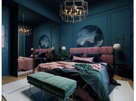 Jewel Tone Bedroom, Bedroom Color Combination, Teal Bedroom, Bedroom Color Schemes, Blue Bedroom, Master Bedrooms Decor, Blue Walls, Bedroom Colors, Bed Room