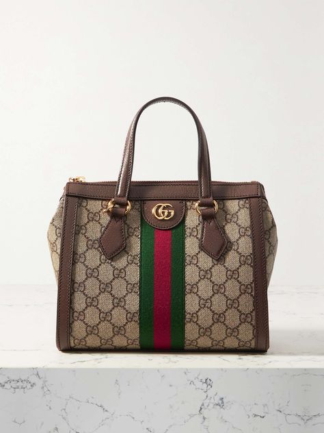 GUCCI Ophidia leather-trimmed printed coated-canvas tote bag Gucci Top Handle Bag, Purse Aesthetic, Horsebit Loafers, Investment Bags, Gucci Top, Gucci Ophidia, Brown Tote, Print Coat, Green And Red