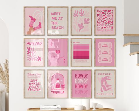 Pink Coastal Cowgirl Print Gallery Wall Art Set of 12, Preppy Western Dorm Room Decor, Cocktail Bar, Surf Beach, Matisse, Digital Download Pink Dorm Wall Art, College Apartment Wall Decor, Cowgirl Poster, Cowgirl Room, Art Disco, Pink Dorm, Apartment Wall Decor, Traditional Wall Decor, Dorm Wall Art