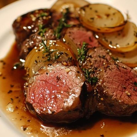 Martha Stewart Recipes | Roasted Beef Tenderloin with French Onion Au Jus | Facebook Tenderloin Roast, Martha Stewart Recipes, Beef Tenderloin, French Onion, Roast Beef, Paleo Recipes, Beef Recipes, Comfort Food, Food To Make