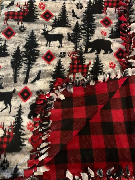 Great outdoor deer and bear pattern with a black and red color plaid back. Handmade fleece tie blanket that is very soft to cozy up with. 65in by 52in Cute Tie Blankets Pattern, Homemade Blanket Ideas, Knot Tie Blanket, Diy Christmas Blanket, Cute Tie Blankets Ideas, Christmas Tie Blankets, Tie Blanket Ideas, Knot Blanket Fleece, Tie Blankets Fleece