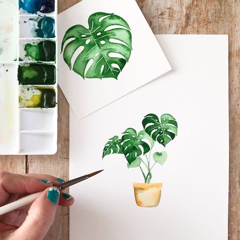 Here are my top five tips to help you paint beautiful monstera (cheese plant) leaves every time. House plant watercolour tutorial. #youtubetutorial #painting #houseplants #monstera #diy #watercolor #watercolourtutorial #watercolourhouseplant #dewintonpaperco #harrietdewinton Watercolour Monstera, Monstera Deliciosa Watercolor, Monstera Watercolor Painting, Cheese Plant Painting, Monstera Plant Watercolor, Watercolour Plants Simple, House Plant Watercolor, Watercolor House Plants, Cheese Plant Tattoo