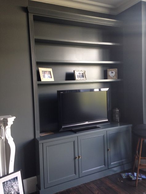 Handmade grey painted Victorian style alcove unit. www.vertexcarpentry.co.uk Built In Tv Units In Living Room Alcove, Angled Alcove Tv Unit, Victorian Alcove Cupboard, Victorian Living Room Alcove Shelves, Sitting Room Units Alcove Storage, Conservatory Living Room, Alcove Ideas Living Room, Alcove Cupboards, Built In Cupboards