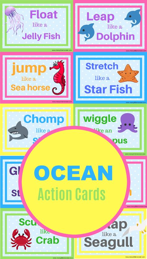 Ocean Themed Gross Motor Activities, Ocean Animal Toddler Activities, Ocean Movement Activities Preschool, Ocean Music And Movement Preschool, Preschool Ocean Animals Activities, Ocean Gross Motor Activities, Ocean Animal Activities For Toddlers, Ocean Movement Cards, Water Animals Preschool