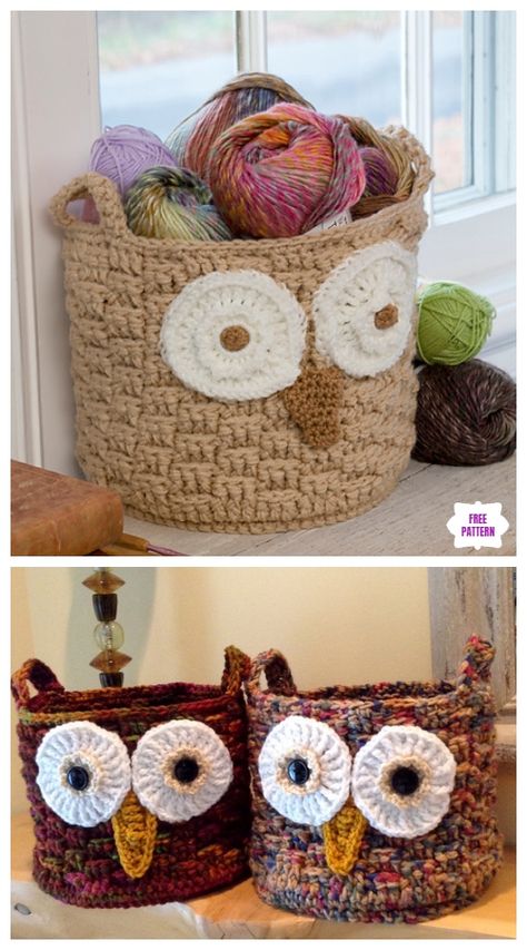 Crochet Owl Basket Free Patterns-Crochet It’s a Hoot Owl Container Free Pattern with Video Crochet Borders For Blankets, Crochet Owl Basket, Owl Crochet Pattern Free, Owl Basket, Crocheted Baskets, Project Room, Red Heart Super Saver Yarn, Crochet Basket Pattern Free, Crochet Owls