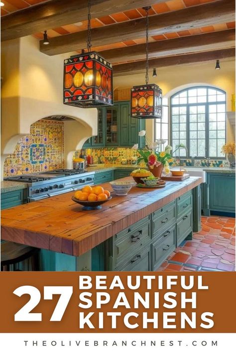 Dive into the enchanting world of Spanish kitchens that will revolutionize your living space, offering a gateway to rustic elegance. Immerse yourself in the Mediterranean's inviting warmth, highlighted by lively tiles and intricate wrought-iron accents. Upgrade your kitchen area with a touch of timeless sophistication, capturing the essence and rich heritage of Spanish-inspired decor. Enjoy these Spanish kitchen ideas. Spanish Inspired Kitchen, Spanish Kitchen Design, Hacienda Style Kitchen, Green Countertops, Spanish Style Kitchen, Spanish Kitchen, Teal Kitchen, Mexican Kitchens, French Country Kitchen