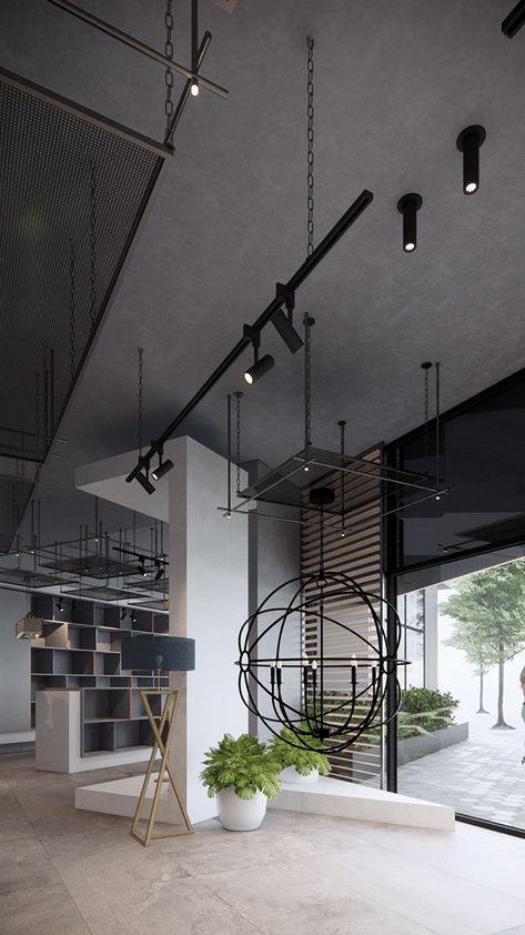 Dardan Metushi on Behance Black Ceiling Ideas, Pop Ceiling, Industrial Ceiling, Ceiling Light Design, Lighting Showroom, Black Ceiling, Ceiling Ideas, Light Design, Store Design