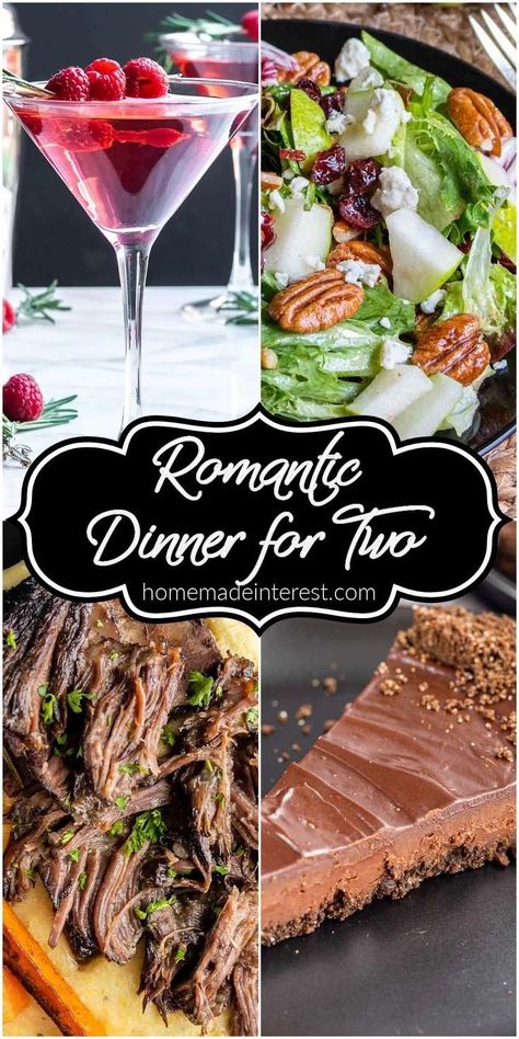 romantic dinner for two including a drink, salad, main dish and dessert Easy Romantic Dinner For Two, Salad Main Dish, Easy Romantic Dinner, Cocktail Salad, Dinner Date At Home, Date At Home, Valentines Food Dinner, Best Easy Dinner Recipes, Night Dinner Recipes