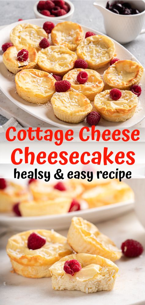 Mini cheesecakes made with cottage cheese. Healthy protein packed dessert recipe. Sugar free dessert for healthy eating diet Cottage Cheese Cheesecake, Breakfast Cheesecake, High Protein Dessert, Cottage Cheese Dessert Recipes, Cottage Cheese Muffins, High Protein Cheesecake, Cottage Cheese Recipes Healthy, Cottage Cheese Desserts, Cottage Cheese Breakfast