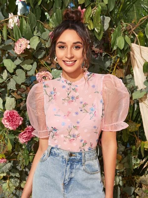 Mock-Neck Organza Puff Sleeve Floral Chiffon Top | SHEIN Sleeve Outfit Ideas, Organza Tops, Cotton Tops Designs, Floral Chiffon Top, Western Wear Outfits, Fancy Tops, Trendy Dress Outfits, Fashion Tops Blouse, Trendy Fashion Tops