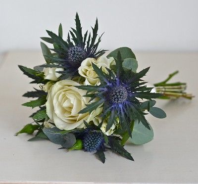 Thistle Wedding Flowers, Thistle Bouquet, Scottish Flowers, Thistle Wedding, White Rose Bouquet, Blue Wedding Bouquet, Winter Wedding Flowers, Rose Wedding Bouquet, Blue Wedding Flowers