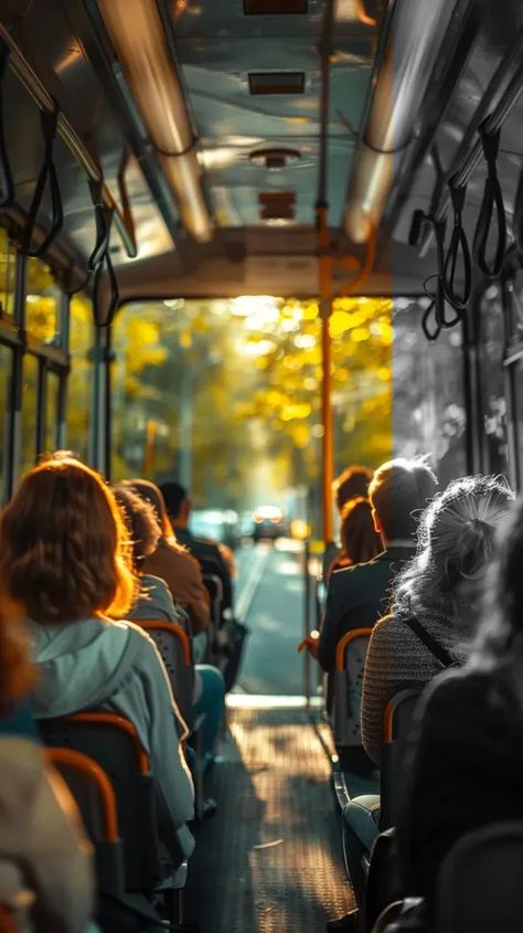 Full Color Image in ai-img-gen.com 🔸 people in a Czech tram on a sunny summer Monday morning on their way to work. Natural light, high co... 🔸 From Midjourney AI Image Bus Images, Seat Bus, Bus Window, Bus Journey, In The Bus, Bus Art, Colored Ceiling, Butterfly Images, Sun Is Shining