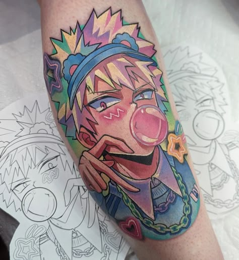 Cartoon Show Tattoos, Colorful Anime Tattoo, Kawaii Anime Tattoo, Bakugou Tattoo, Kawaii Tattoo Ideas, Colorful Tattoo Ideas, Cartoon Tattoo Ideas, Canvas Tattoo, Cupcake Tattoos