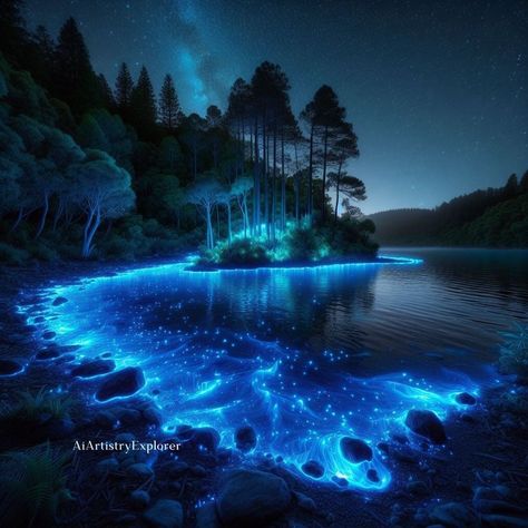 Glowing Lake, Glowing River, Glowing Water, Fantasy Cottage, Magical Sky, Galaxy Images, Water Aesthetic, Scenery Background, Fantasy Setting