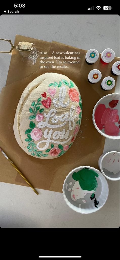 Painting On Bread Dough, Mother’s Day Sourdough, Painted Sourdough Loaf, Valentines Sourdough Bread, Painting On Sourdough Bread, Sourdough Bread Paint, Painting On Sourdough, Painting On Bread, Painted Bread Loaf