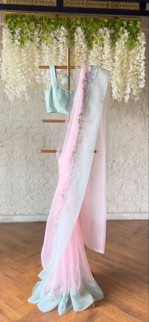 Customised Saree Designs, Pastel Colour Saree For Farewell, Orgenza Saari Blouse Design, Party Wear Indian Sarees, Trendy Saree Designs, Simple Sarees For Farewell, Girlish Sarees For Farewell, Pastel Colour Saree, Party Wear Sarees Designer