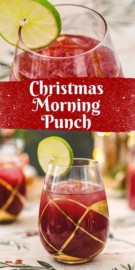 The top photo is a close up of the Christmas morning Punch cocktail with a lime garnish. The drink is red in color and the glass has ice in it. Underneath is white text on a sparkly red background that says "Christmas Morning Punch". At the bottom is another photo of the Christmas cocktail, and there is another drink in the background. They are in stemless wine glasses on a Christmas tablecloth. Christmas Morning Cocktails, Morning Cocktails, Christmas Morning Punch, Christmas Morning Brunch, Morning Cocktail, Cranberry Drinks, Morning Brunch, Christmas Morning Breakfast, Easy Cocktail