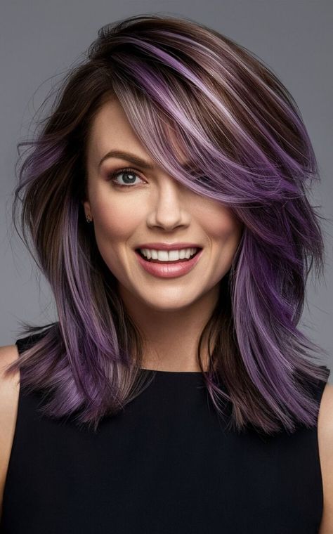 Discover 30 stunning fall hair colors, from rusty red to deep teal, perfect for adding warmth and style to your look this season. Fall Hair Colors With Purple, Lavender Ombre Hair Brown, Dark Lowlights For Brunettes, Dark Purple Hair Ideas, Cute Purple Hair Ideas, Purple Lowlights In Brown Hair Peekaboo Color, Fun Hair Color Ideas For Brunettes Ombre, Brown Hair With Violet Highlights, Hair Color Ideas For Brunettes Medium