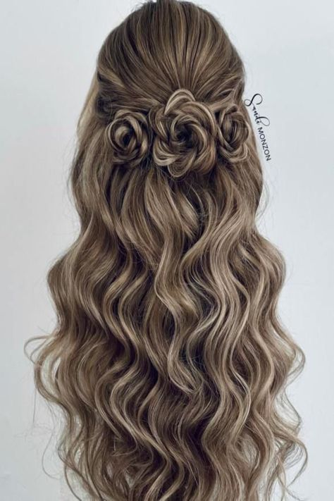 Hair Styles For Special Events, Prom Hairstyles Half Up Half Down Bun, Elegant Half Up Half Down Hairstyles Medium Hair, Half Up Half Down Pageant Hair, Wedding Hairstyles For Brown Hair, Half Up Half Down Hoco Hairstyles, Half Up Half Down Homecoming Hair, Elegant Half Up Half Down Hairstyles, Hoco Corsage