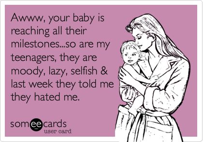 Awww, your baby is reaching all their milestones...so are my teenagers, they are moody, lazy, selfish & last week they told me they hated me. Mother In Law Quotes, Law Quotes, Funny Mom, Quotes About Moving On, Parenting Humor, Ecards Funny, Life Humor, Funny Love, Mom Quotes