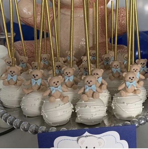 Teddy Bear Gender Reveal Cake Pops, Gender Reveal Bear Theme Dessert, Cake Pop Teddy Bear, Cake Pops Bear Theme, Bearly Wait Cake Pops, Can Bearly Wait Dessert Table, Teddy Bear Baby Shower Theme Desserts, Bear Cakes For Baby Showers, Teddy Bear Rice Krispie Treats