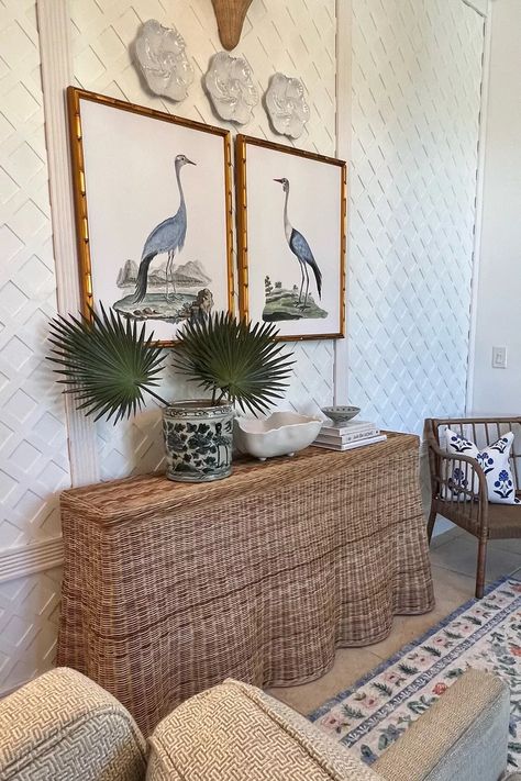 Blue and white, coastal Grandmillennial, orchid pot, gift idea, coastal home, traditional coastal, rattan console, dear Keaton, printed rug, grandmillennial lattice wall, urban prints matching hanging art for home Grandmillennial Wall Art, Coastal Kitchen Wall Decor, Coastal Grandmillennial, Blue And White Coastal, Maximalism Decor, Rattan Console, Singapore Style, Lattice Wall, Zebra Plant