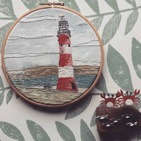 Lighthouse Embroidery Pattern, Light House Embroidery, Maine Embroidery, Annie Morris, Lighthouse Embroidery, Goth Embroidery, Boat Embroidery, Embroidery Names, Romantic Embroidery