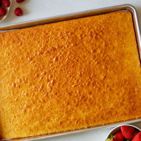 Basic Sheet Pan Cake by Food Network Kitchen Half Sheet Cake Recipe, Pan Cake Recipe, Sheet Pan Cake, Jelly Roll Cake, Half Sheet Cake, Cake Oven, Pan Cake, Oven Pan, Basic Cake