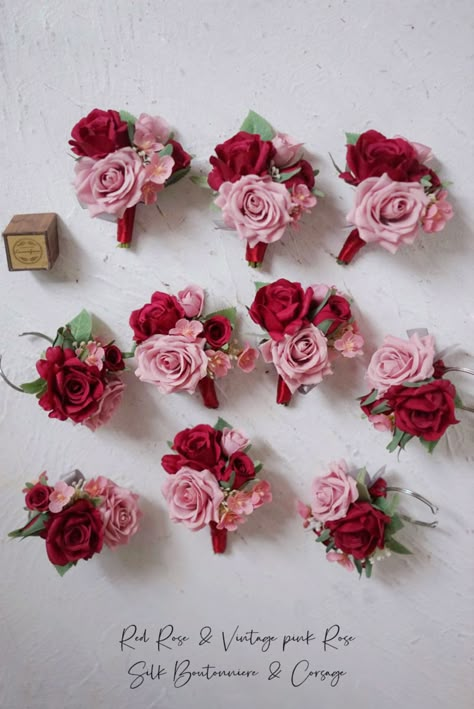 Pink And Red Wedding Groomsmen, Pink And Red Wedding Bouquet, Red Blush Wedding, Pink And Red Wedding Theme, Elope In Vegas, Pink Groomsmen, Wedding Aisle Decoration, Corsage And Boutonniere Set, Red Wedding Theme