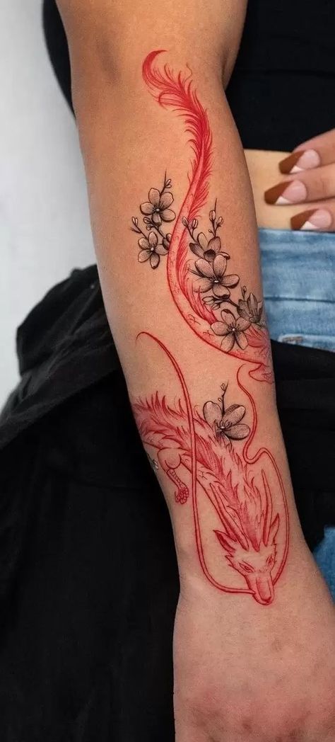 Dragon Tattoo Wrapped Around Arm, Cherry Blossom Tattoos, Dragon Tattoo Arm, Around Arm Tattoo, Wrap Around Tattoo, 16 Tattoo, Dragon Tattoo For Women, Forearm Tattoo Women, Red Ink Tattoos