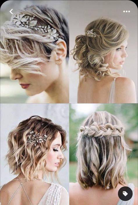 Short Hair Side Braid Wedding, Hairstyles For Weddings Bridesmaid Short, Short Wedding Hair With Hairpiece, A Line Bob Wedding Hair, Blond Short Hair Wedding, Wedding Hair For A Bob, Rustic Wedding Hairstyles For Short Hair, Wedding Hair For Chin Length Hair, Short Hairstyle Wedding Women