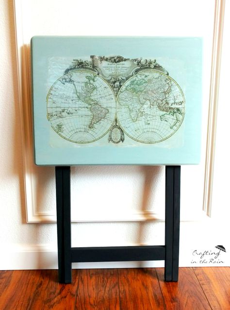 Painted Tv Trays, Tv Tray Makeover, Wooden Tv Trays, Upcycle Storage, Globe Map, Restoration Hardware Inspired, Tv Tray, Country Chic Paint, Tv Trays