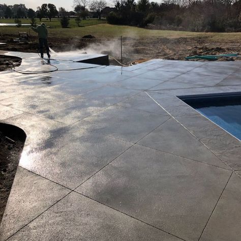 Textured Stamped Concrete, Cantilevered Concrete Pool Coping, Pool Hardscape Ideas Concrete, Stamped Concrete Pool Coping, Pool Concrete Deck Ideas, Pool Concrete Ideas, Concrete Around Pool Ideas, Types Of Concrete Finishes, Concrete Pool Deck Ideas