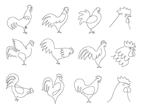 Chicken And Rooster Tattoo, One Line Chicken Tattoo, Rooster Tattoo Simple, Rooster Line Art, Dainty Rooster Tattoo, Chicken Line Drawing, Rooster Outline, Chicken Line Art, Chicken Sketches