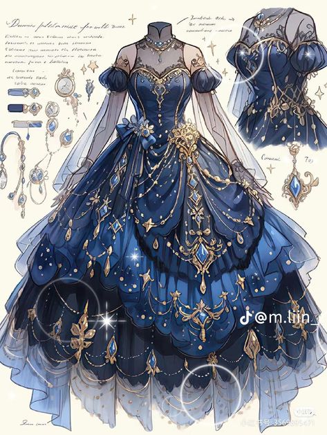 Royal Dresses Drawing, Blue Fantasy Outfit, Dress Drawing Sketches, Gaun Abad Pertengahan, Dress Design Drawing, Clothing Design Sketches, Fashion Drawing Dresses, Dress Design Sketches, Fashion Illustration Dresses