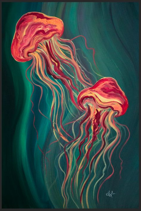 Jellyfish oil painting on canvas 2x3' Transformation Paintings Ideas, Jellyfish Abstract Painting, Trippy Jellyfish Painting, Nice Canvas Paintings, Things To Paint Or Draw, Orange Jellyfish Painting, Abstract Painting Animals, Oil Pastel Animal Drawings, Ocean Creatures Painting