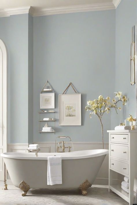 bathroom decor, bathroom interior design, bathroom makeover, bathroom renovation Relaxing Bathroom Paint Colors, Sw Serenely Paint Color, Grey Paint Colors For Bathroom, Gray Vanity Bathroom Paint Colors Master Bath, Blue Gray Bathroom Ideas, Morning Fog Sherwin Williams, Popular Bathroom Paint Colors, Maine Bathroom, Relaxing Bathroom Colors