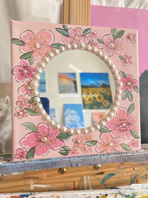 Wallpaintings Ideas, Canvas Mirror, Painted Mirror Art, Cute Canvas Paintings, Art Decor Diy, Canvas Painting Designs, Cadeau Diy, Canvas Painting Diy, Small Canvas Art