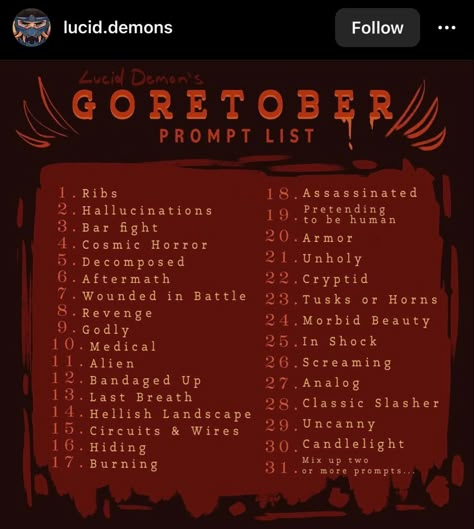 October Drawing Challenge Gore, Inktober Alternative List 2024, Goreoctober Challenge, October Writing Challenge, September Drawing Prompts, Horror Art Prompts, October Art Challenge 2024, October Drawing Challenge 2023, October Art Challenge