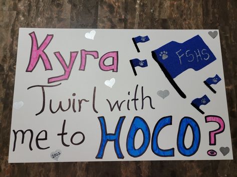 This is my son's half poster sign for his HOCO Proposal for his girlfriend who is in color guard. 😍 All made with supplies I had at home. Supplies used: half board board, pencil, thicker black sharpie, Crayola markers, blue felt, black pipe cleaner, hot glue gun, glitter fabric paint, and a silver paint marker. Band Themed Hoco Proposals, Colorgaurd Hoco Proposal, Color Guard Homecoming Proposal, Homecoming Proposal Ideas Color Guard, Hoco Proposals Ideas Colorguard, Marching Band Hoco Posters, Colorguard Hoco Proposal, Color Guard Hoco Proposals Ideas, Color Guard Hoco Proposals