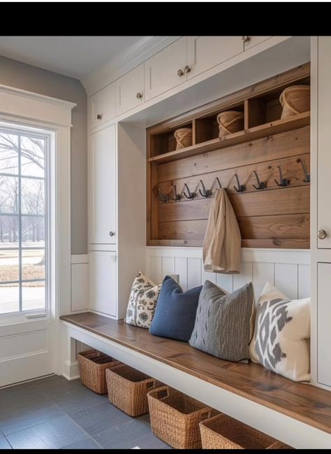 Cottage Entryway, Functional Entryway, Functional Mudroom, Home Yoga Room, Mudroom Bench With Drawers, Bench Under Window, Mudroom Remodel, Soft Autumn Color Palette, Window Mudroom