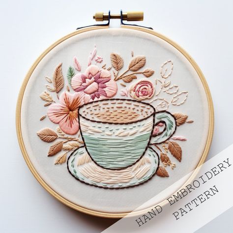 Tea Cup Embroidery, Tea Embroidery, Cup Embroidery, Coffee Embroidery, Tea Cozy Pattern, Water Soluble Paper, Hand Embroidery Patterns Flowers, Floral Embroidery Patterns, Diy Embroidery Patterns