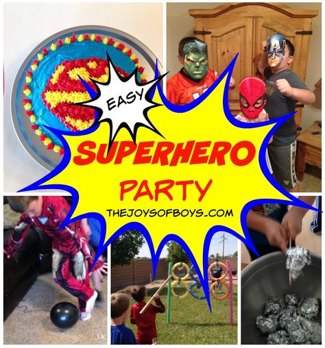 Superhero Party for Kids - The Joys of Boys Superhero Party Activities, Superhero Birthday Party Games, Superhero Party Games, Super Hero Party, Marvel Birthday Party, Marvel Party, Avenger Birthday Party, Spiderman Birthday Party, Avengers Party