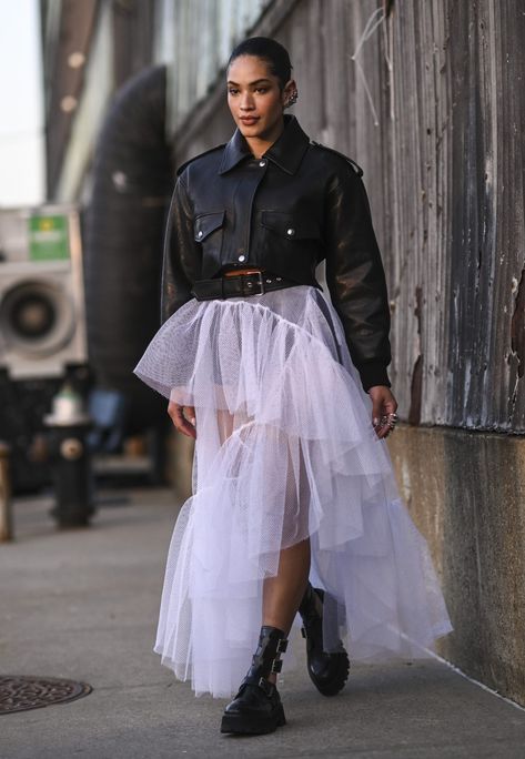 Tulle Skirts Are Trending Again Like It's 2015 Sheer Tulle Skirt Outfit, Sheer Tulle Skirt, Tulle Skirt With Blazer, Modern Gothic Outfits, Net Skirt Outfit, Tulle Skirt Outfit Ideas, Long Tulle Skirt Outfit, Tulle Skirt Outfit Casual Street Style, Tulle Dress Outfit