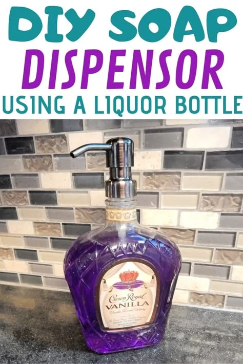 Soap Dispenser Ideas, Whiskey Bottle Crafts, Diy Soap Dispenser, Dispenser Ideas, Soap Dispenser Diy, Old Liquor Bottles, Empty Liquor Bottles, Alcohol Bottle Crafts, Crown Royal Bottle