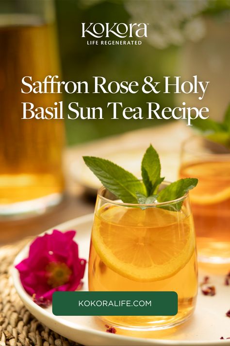 RECIPE: Saffron Rose & Holy Basil Sun Tea 🌹  YOU’LL NEED:   16 oz. glass container of water  5-8 threads Saffron  1 teaspoon dried Rose petals  1 teaspoon Holy Basil   INSTRUCTIONS:   Combine all ingredients in the glass container, give it a good stir, and let it steep outside in the sun for 3-4 hours. IMPORTANT: Do this between the hours of 10 a.m. and 1 p.m. when the sun is strong and the most vital. Strain the herbs and enjoy. Add a dash of local honey if you desire it sweet.   Cheers! Saffron Syrup, Holy Basil Tea Benefits, Saffron Tea Recipe, Sun Tea Recipes, Saffron Uses, Holy Basil Tea, Sun Tea, Holy Basil, Local Honey