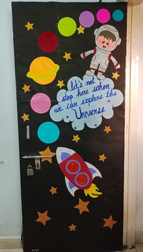 Solar System Door Decorations Classroom, Space Theme Door Decorations, Class Door Decoration Ideas For Preschool, Classroom Door Decoration Ideas Creative, Mae Jamison, Classroom Window Decorations, Birthday Chart Classroom, Space Theme Classroom, School Science Projects