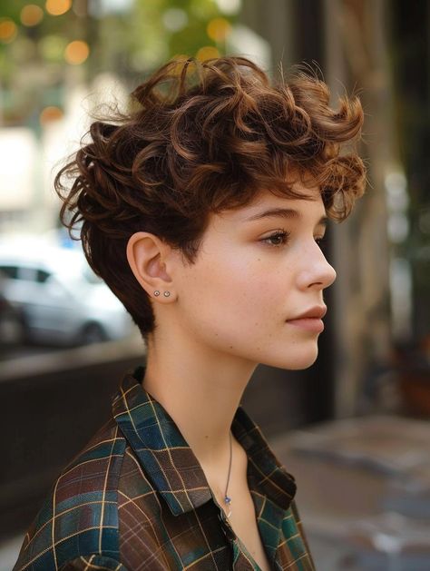 Stylish Short Curly Haircuts for All Face Shapes and Hair Types Undercut Pixie Haircut Curly, Short Curly Haircuts 2c, Messy Short Hair Curly, Cute Short Hair For Round Face, Short Curly Queer Haircut, Short Curly Undercut, Short Hair Cuts Curly, Nonbinary Curly Hair, Curly Short